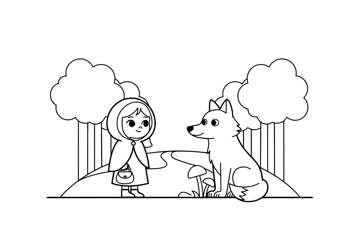 A girl in a cloak meeting a friendly wolf on the path – Fairytale Stories coloring page