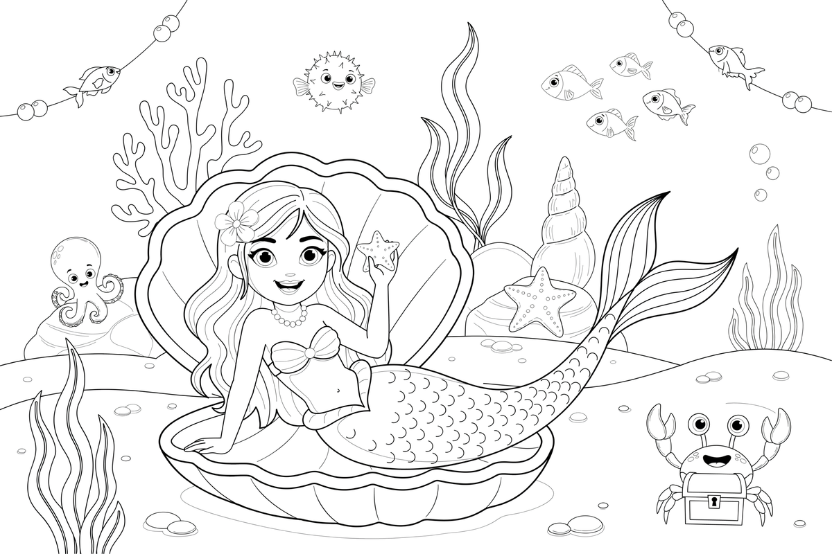 Mermaid resting inside a giant seashell – Mystical Mermaid coloring page