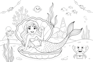 Mermaid resting inside a giant seashell – Mystical Mermaid coloring page