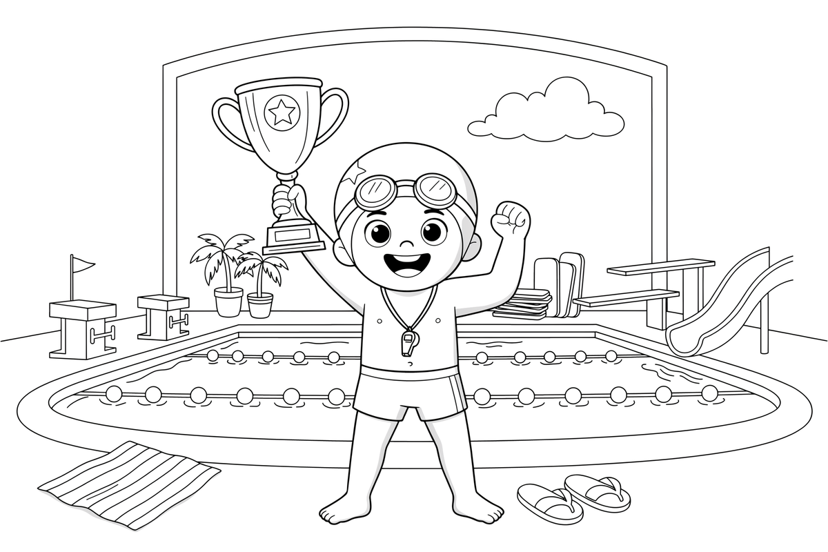 A swimmer holding up a trophy – Dynamic Swimming Swimmers coloring page