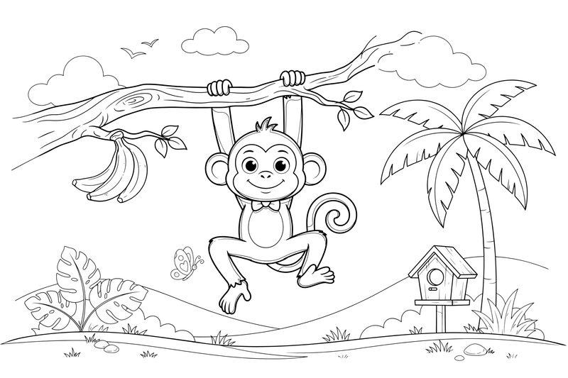 A monkey hanging from a tree branch – Monkey coloring page
