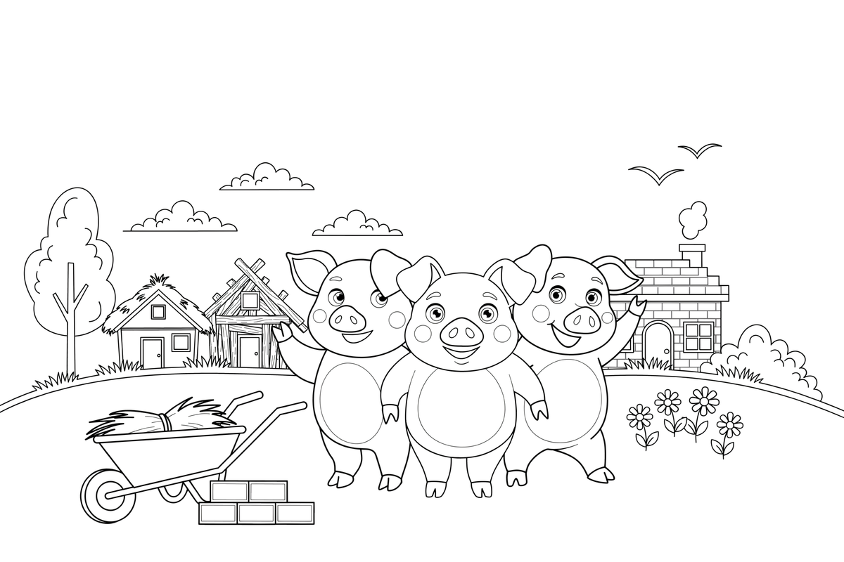 Three happy little pigs standing together – The Three Little Pigs Story coloring page