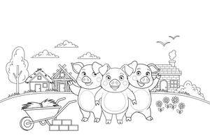 Three happy little pigs standing together – The Three Little Pigs Story coloring page