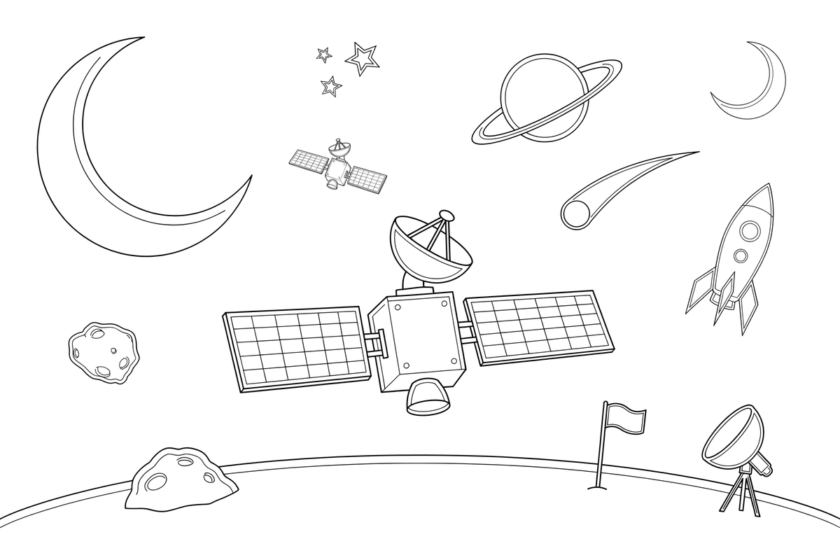 One big satellite up close, with a dish antenna and panels – Space Tech Spaceship coloring page