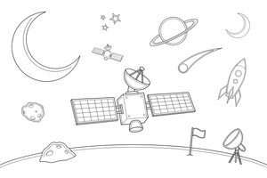 One big satellite up close, with a dish antenna and panels – Space Tech Spaceship coloring page