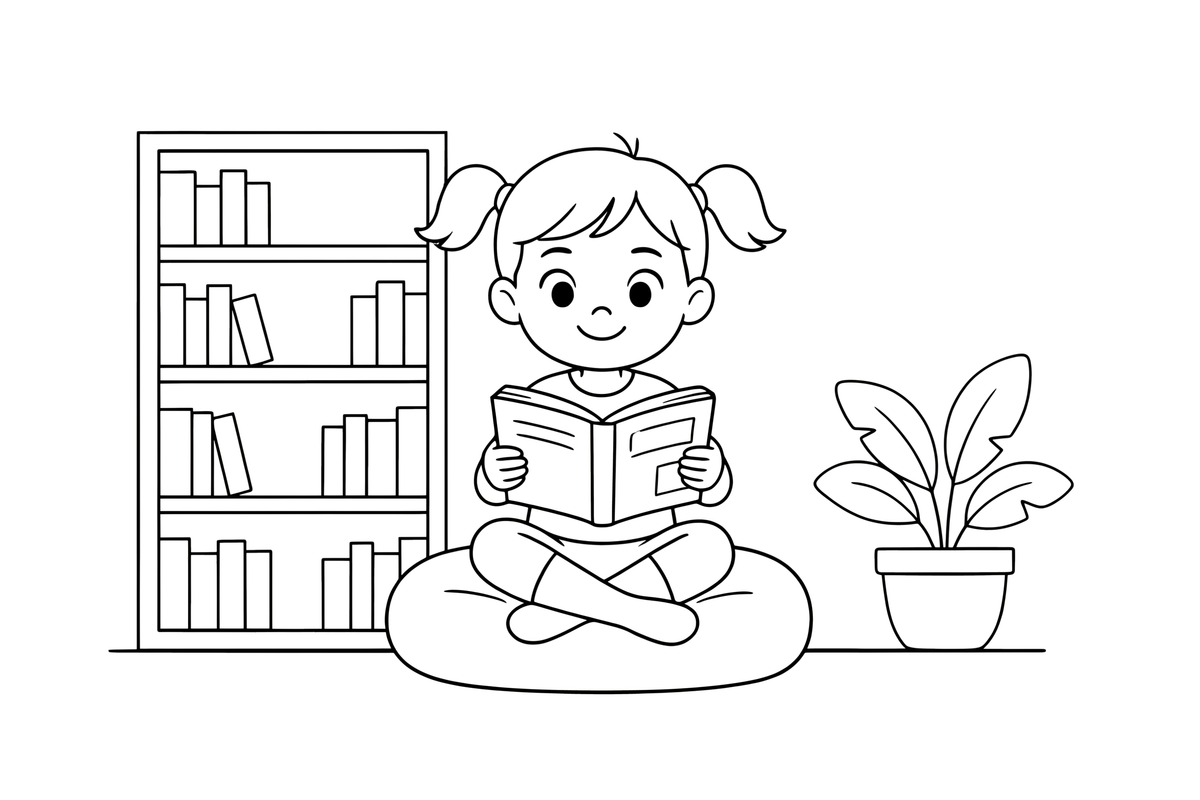 A girl reading a book on a beanbag – Kids' Activities coloring page