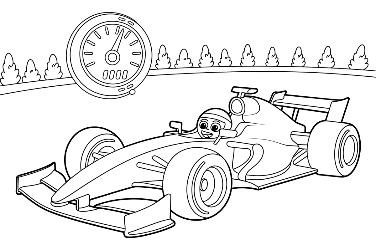 Formula 1 with a speedometer – Formula 1 Competition Scenes coloring page