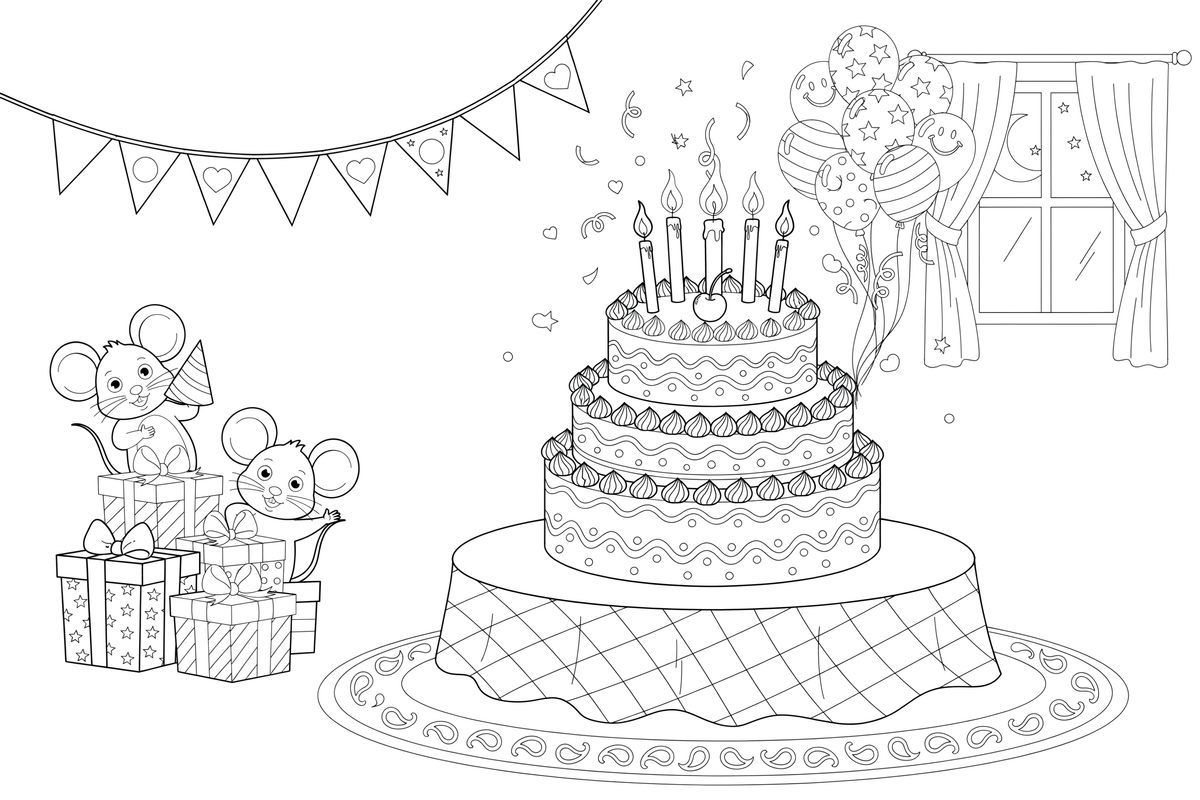 A cake topped with a cherry and candles – Birthday Cake Wishes coloring page