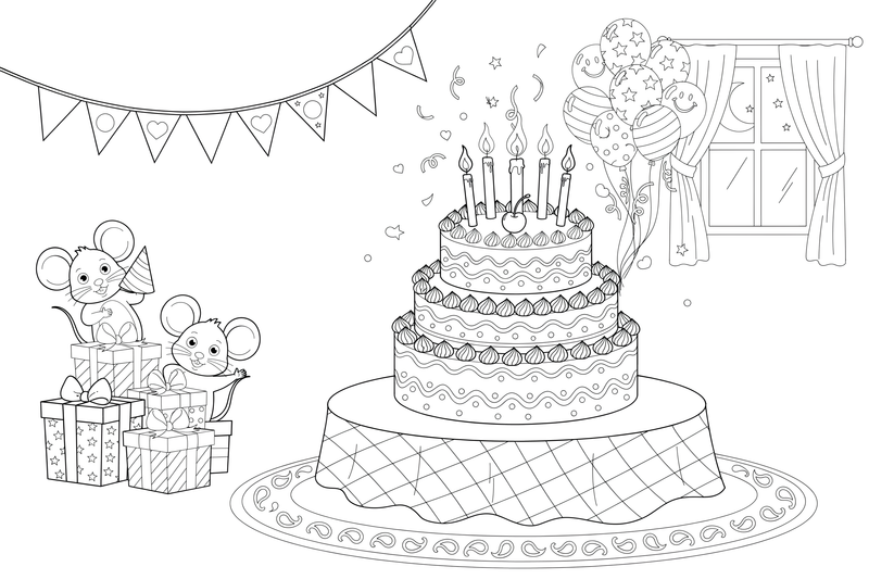 A cake topped with a cherry and candles – Birthday Cake Wishes coloring page