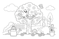 A tree full of blossoms with a bird building a nest – Four Seasons coloring page