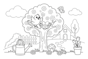 A tree full of blossoms with a bird building a nest – Four Seasons coloring page