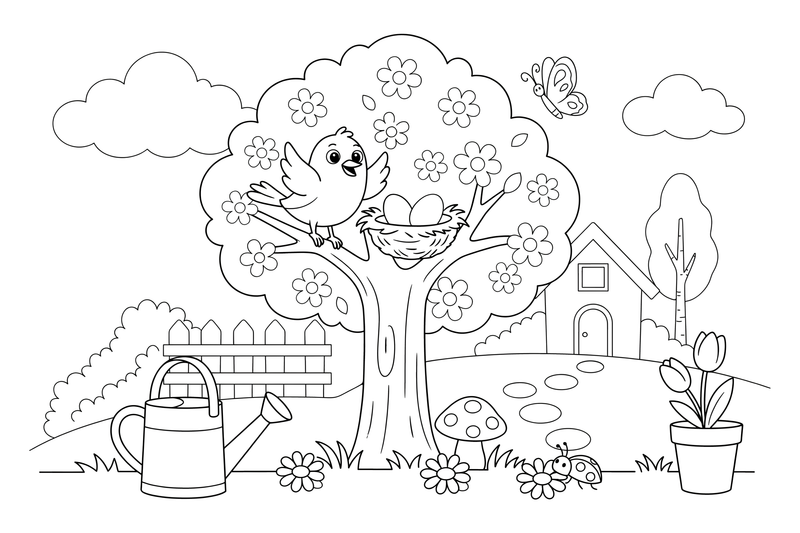A tree full of blossoms with a bird building a nest – Four Seasons coloring page