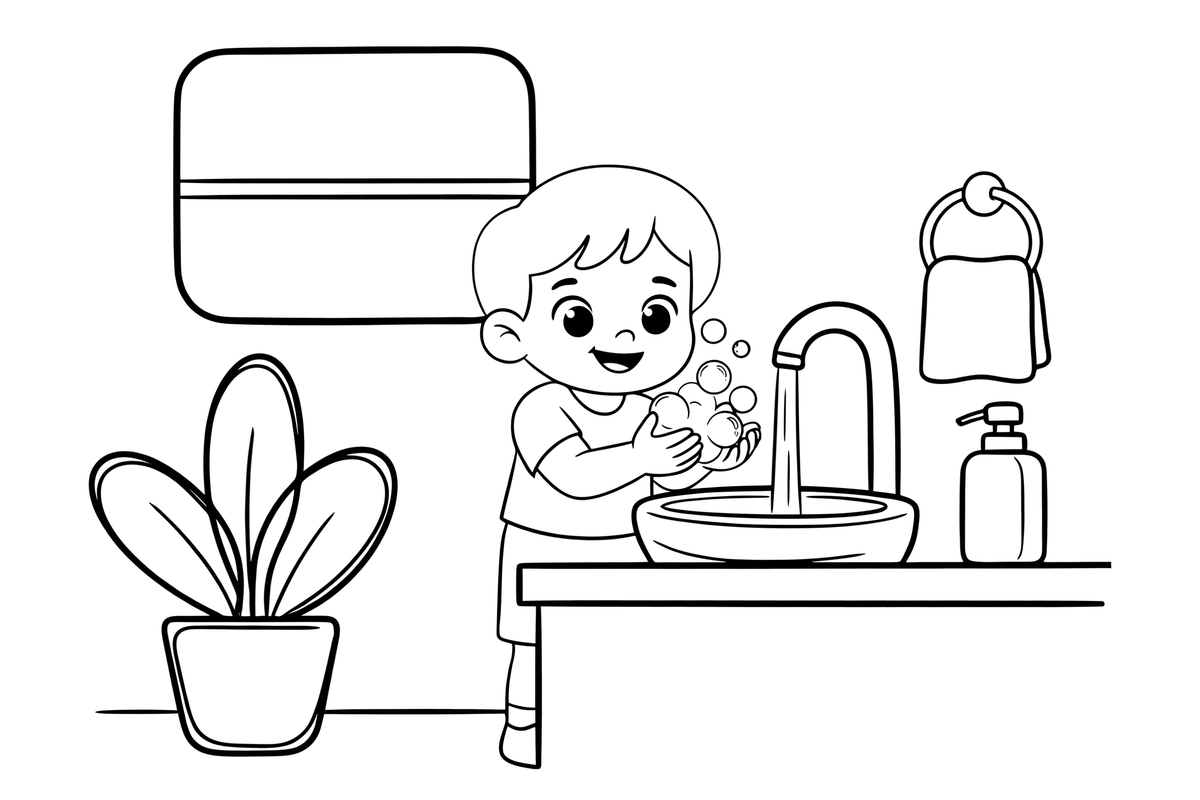 A happy child washing their hands with soap and bubbles at the sink – Healthy Habits coloring page