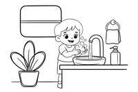 A happy child washing their hands with soap and bubbles at the sink – Healthy Habits coloring page