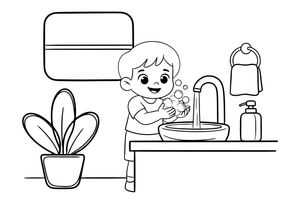 A happy child washing their hands with soap and bubbles at the sink – Healthy Habits coloring page