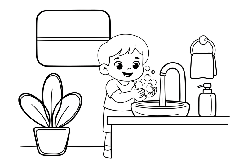 A happy child washing their hands with soap and bubbles at the sink – Healthy Habits coloring page