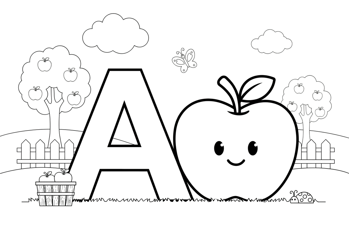Letter A with a big apple – Alphabet Alphabet coloring page