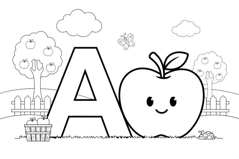 Letter A with a big apple – Alphabet Alphabet coloring page