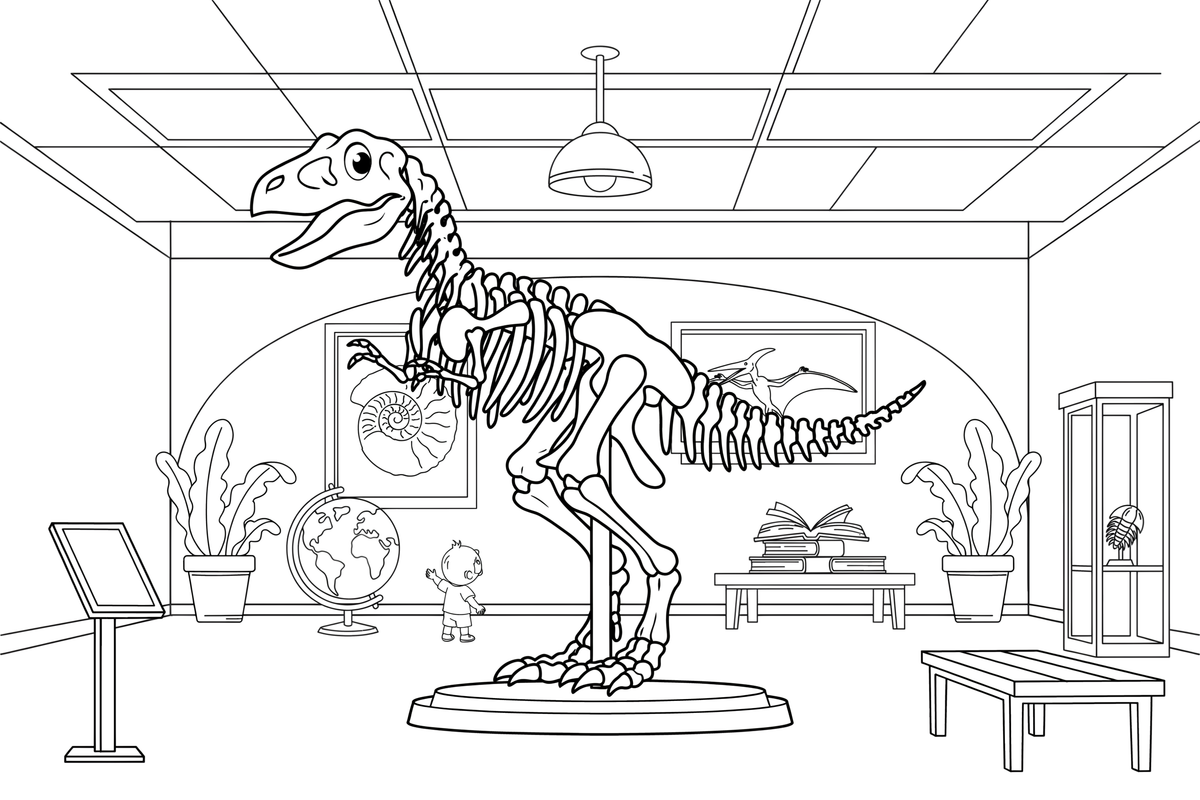 A big dinosaur skeleton standing in a museum hall – Historic Museum Places coloring page