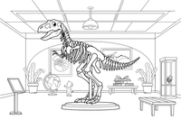 A big dinosaur skeleton standing in a museum hall – Historic Museum Places coloring page