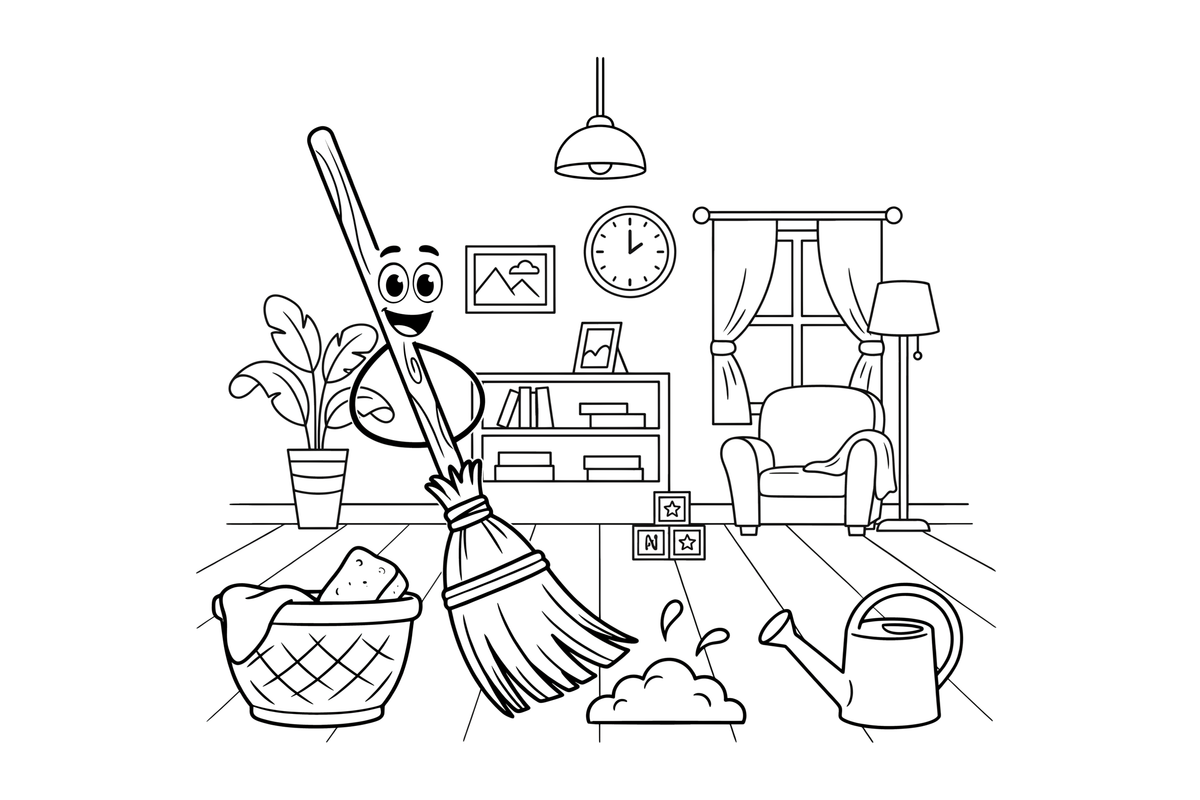 A broom sweeping a little pile of dust – Cleaning Things coloring page