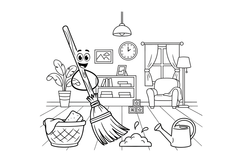 A broom sweeping a little pile of dust – Cleaning Things coloring page