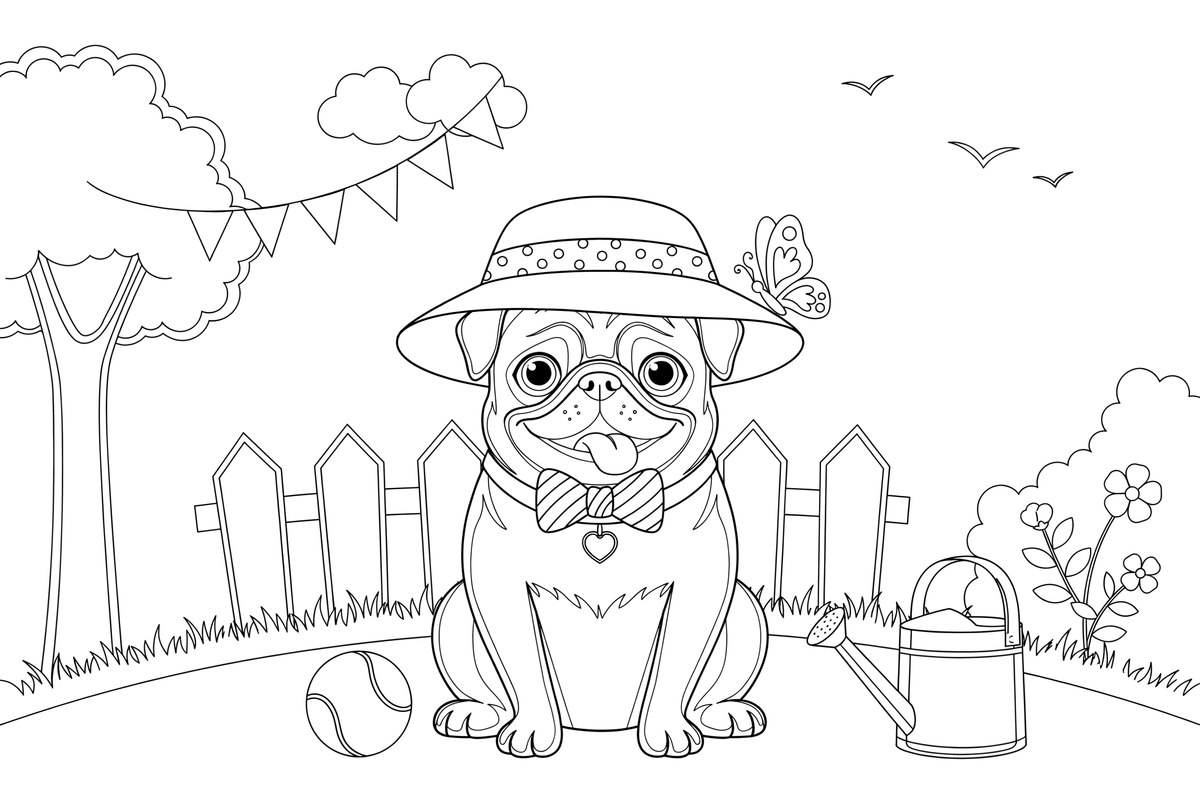 Pug with Hat – Playful Pug Dog coloring page