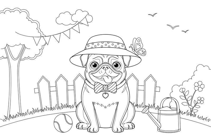 Pug with Hat – Playful Pug Dog coloring page