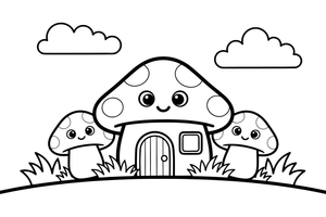 A tiny mushroom house with a door and window – Mushroom Garden coloring page