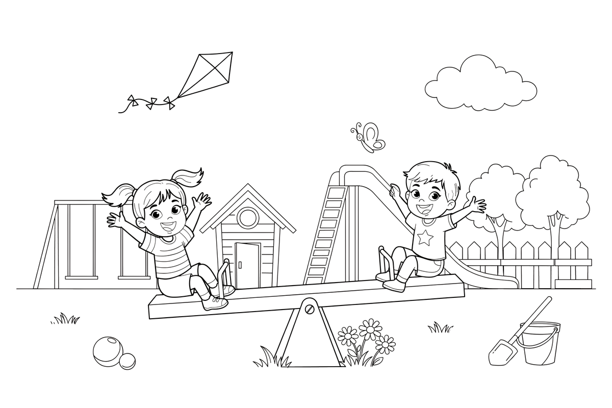 Two children on a see-saw – Playground coloring page