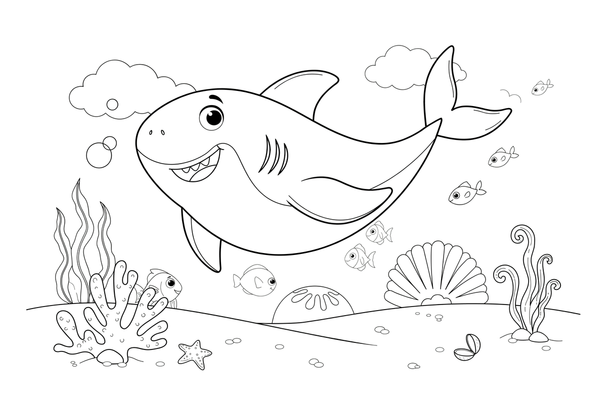 A big smiling shark filling the scene, swimming over a coral reef full of little fish – Curious Shark coloring page