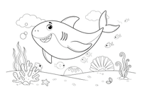A big smiling shark filling the scene, swimming over a coral reef full of little fish – Curious Shark coloring page