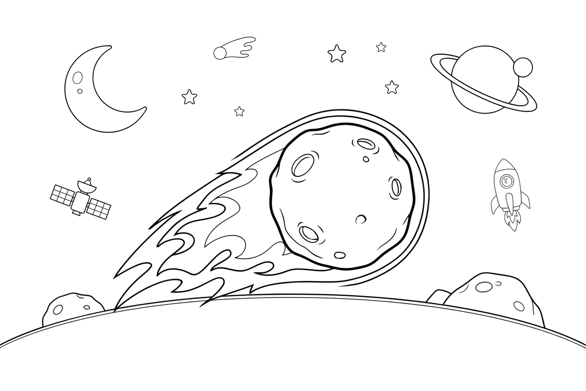 One big meteor with a fiery tail, close up – Exploring Space Objects coloring page