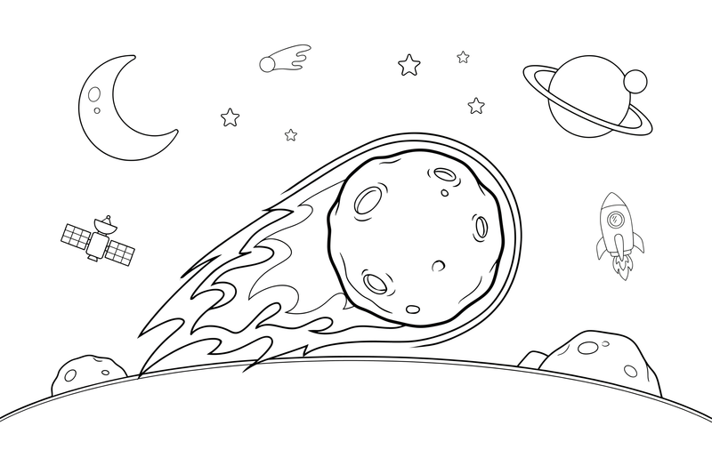 One big meteor with a fiery tail, close up – Exploring Space Objects coloring page