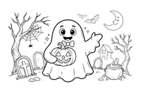 A friendly ghost holding a pumpkin – Halloween Ghost coloring page