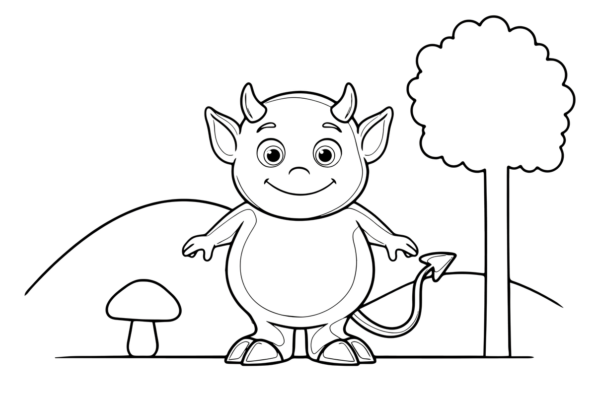 A small devil with two little horns, a long tail and hooves, smiling – Lietuviškos pasakos coloring page
