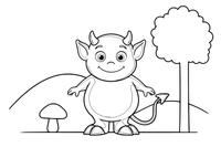 A small devil with two little horns, a long tail and hooves, smiling – Lietuviškos pasakos coloring page