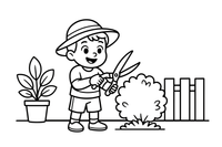 A man trimming a bush into a neat shape with big shears – Garden & Gardening coloring page