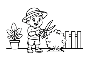 A man trimming a bush into a neat shape with big shears – Garden & Gardening coloring page