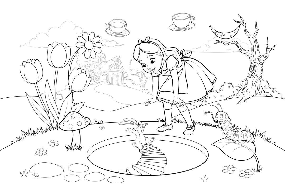 Alice peeking down a big rabbit hole – Alice in Wonderland Story coloring page