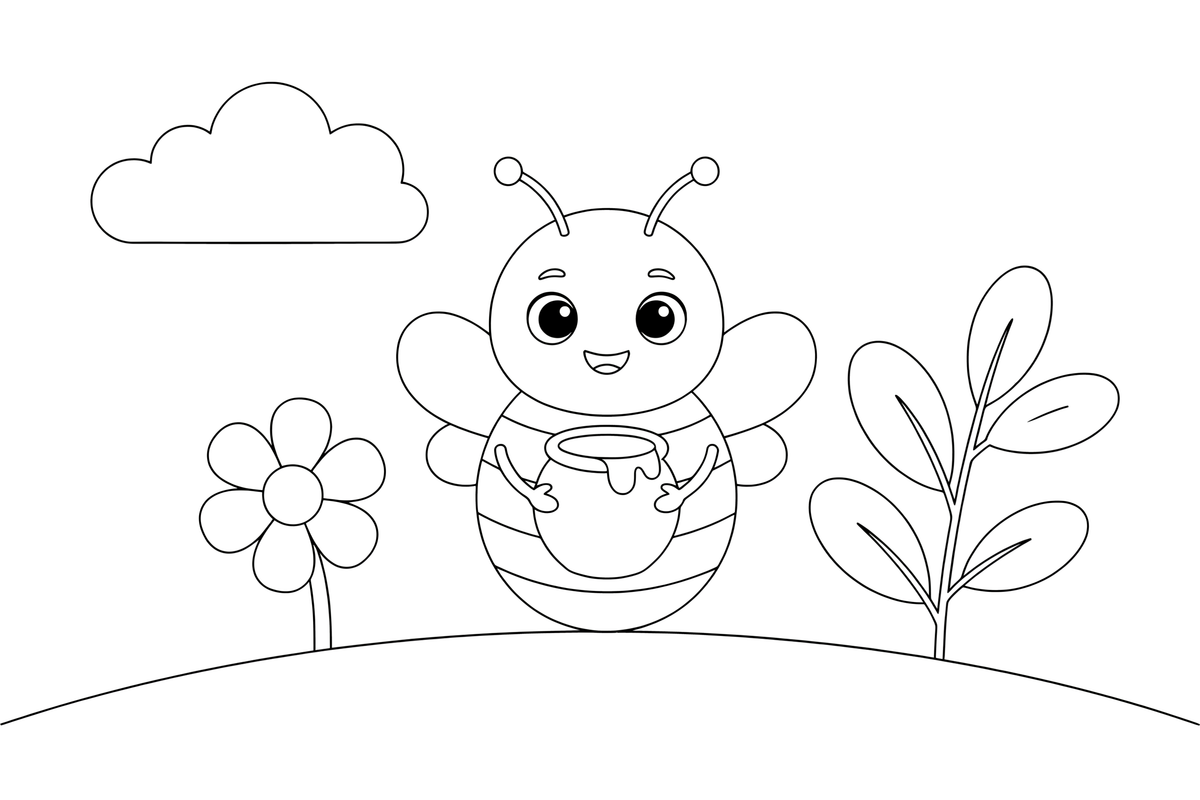 A bee holding a little honey pot – Bee coloring page