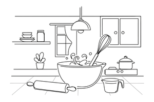 A whisk in a mixing bowl – Cozy Kitchen Cooking coloring page