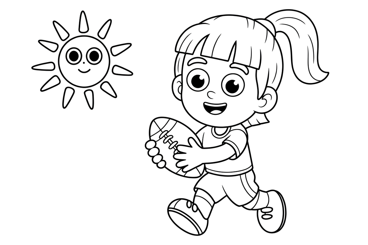 A football player girl holding an oval ball, ready to run – American Football coloring page