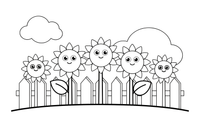 A row of tall sunflowers along a fence – Golden Sunflower Bloom coloring page