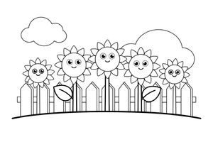 A row of tall sunflowers along a fence – Golden Sunflower Bloom coloring page