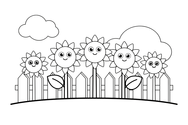 A row of tall sunflowers along a fence – Golden Sunflower Bloom coloring page