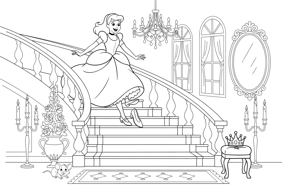 Cinderella running down the stairs as one glass slipper falls off – Charming Cinderella Story coloring page