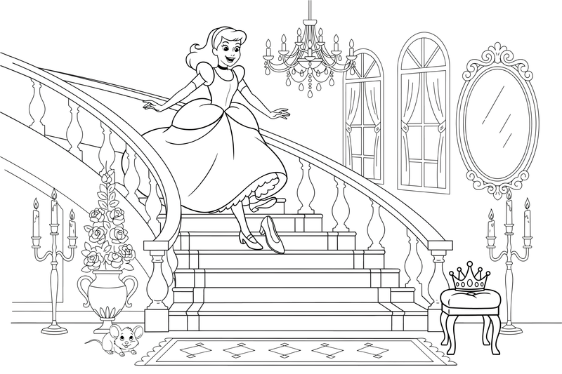 Cinderella running down the stairs as one glass slipper falls off – Charming Cinderella Story coloring page