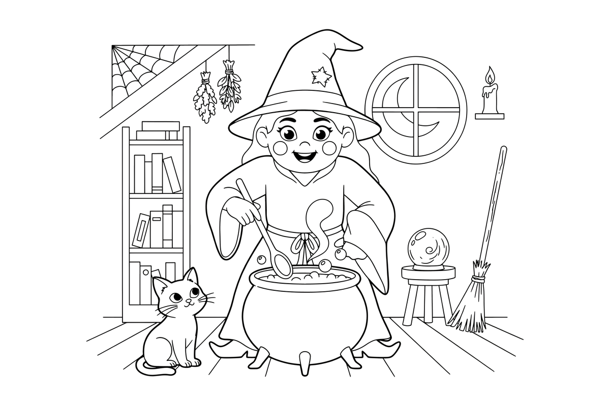A witch mixing a potion – Witch coloring page