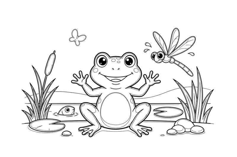 A frog next to a dragonfly – Curious Frog Wild coloring page